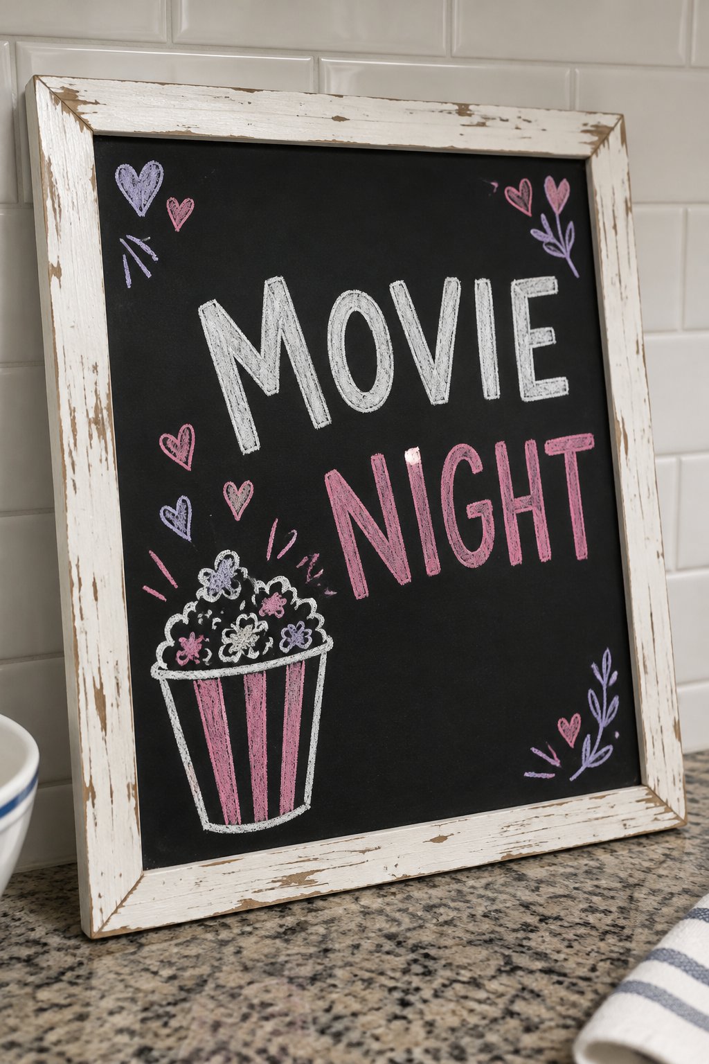 Movie Night: a hand-drawn valentines chalkboard sign reading "MOVIE NIGHT".