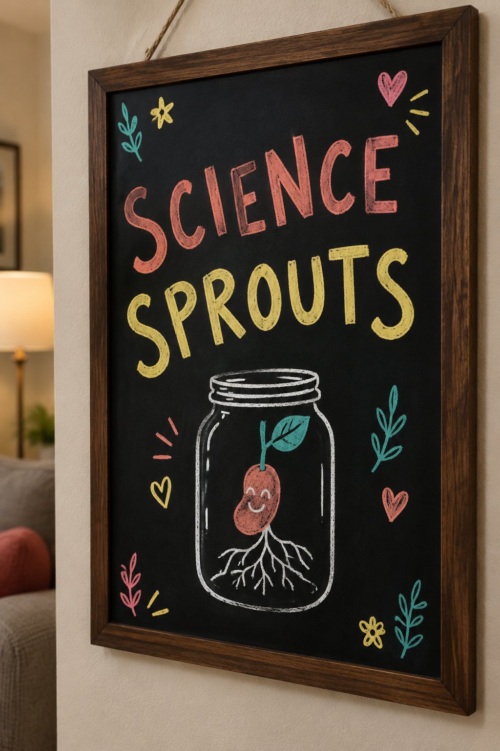 Science Sprouts: a hand-drawn spring chalkboard sign reading "SCIENCE SPROUTS".
