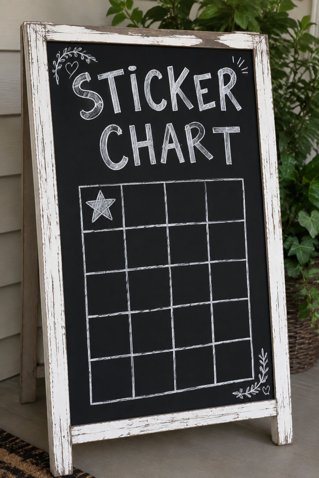 Sticker Chart Month: a hand-drawn winter chalkboard sign reading "STICKER CHART".