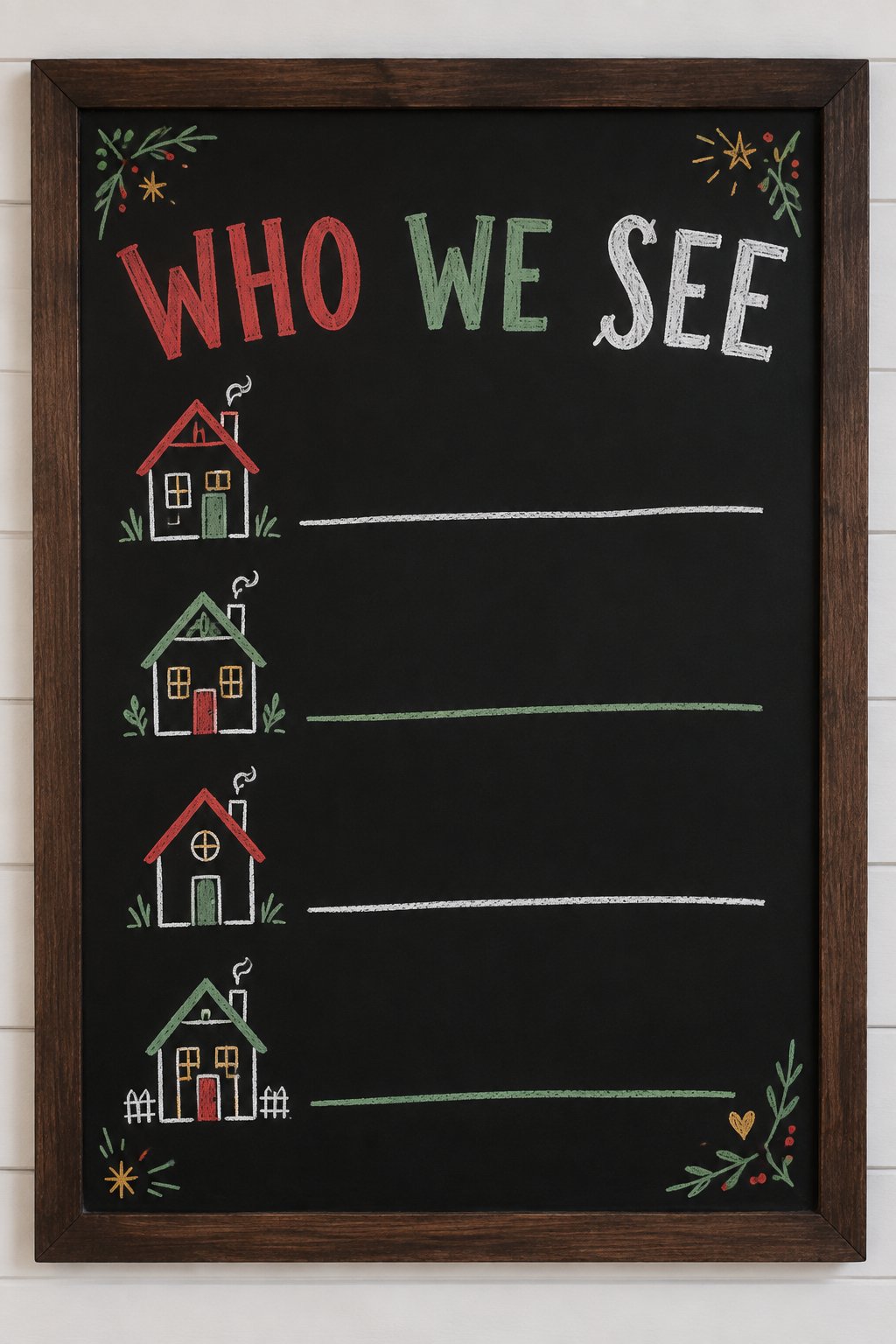 Visiting Family Plan: a hand-drawn christmas chalkboard sign reading "WHO WE SEE".