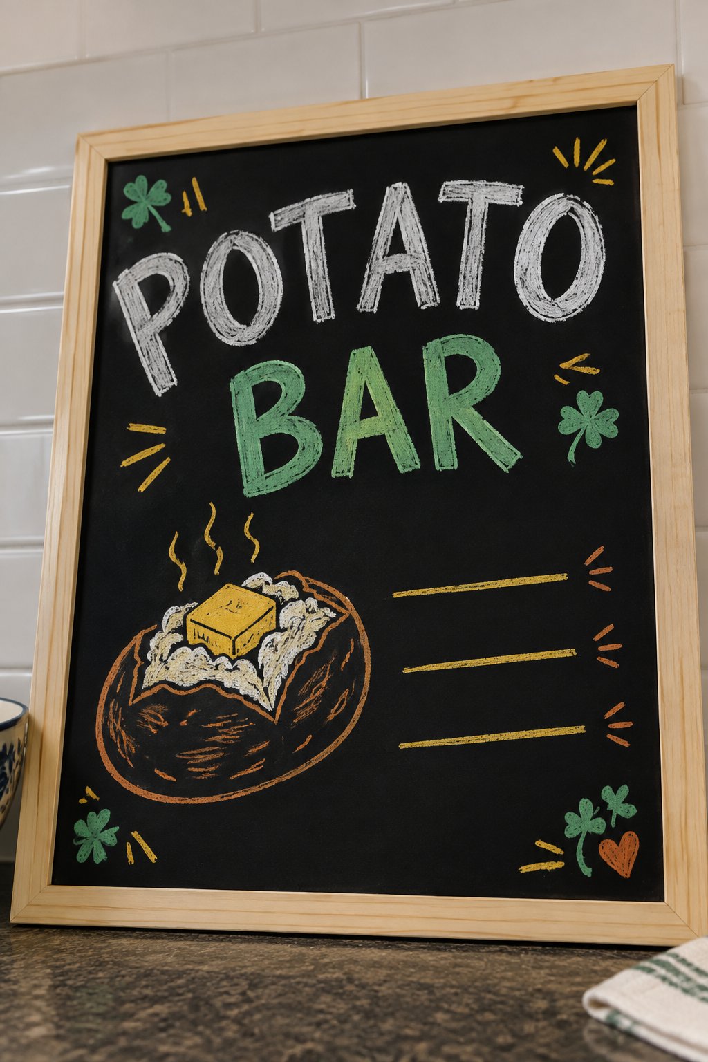 Baked Potato Bar: a hand-drawn stpatricks chalkboard sign reading "POTATO BAR".