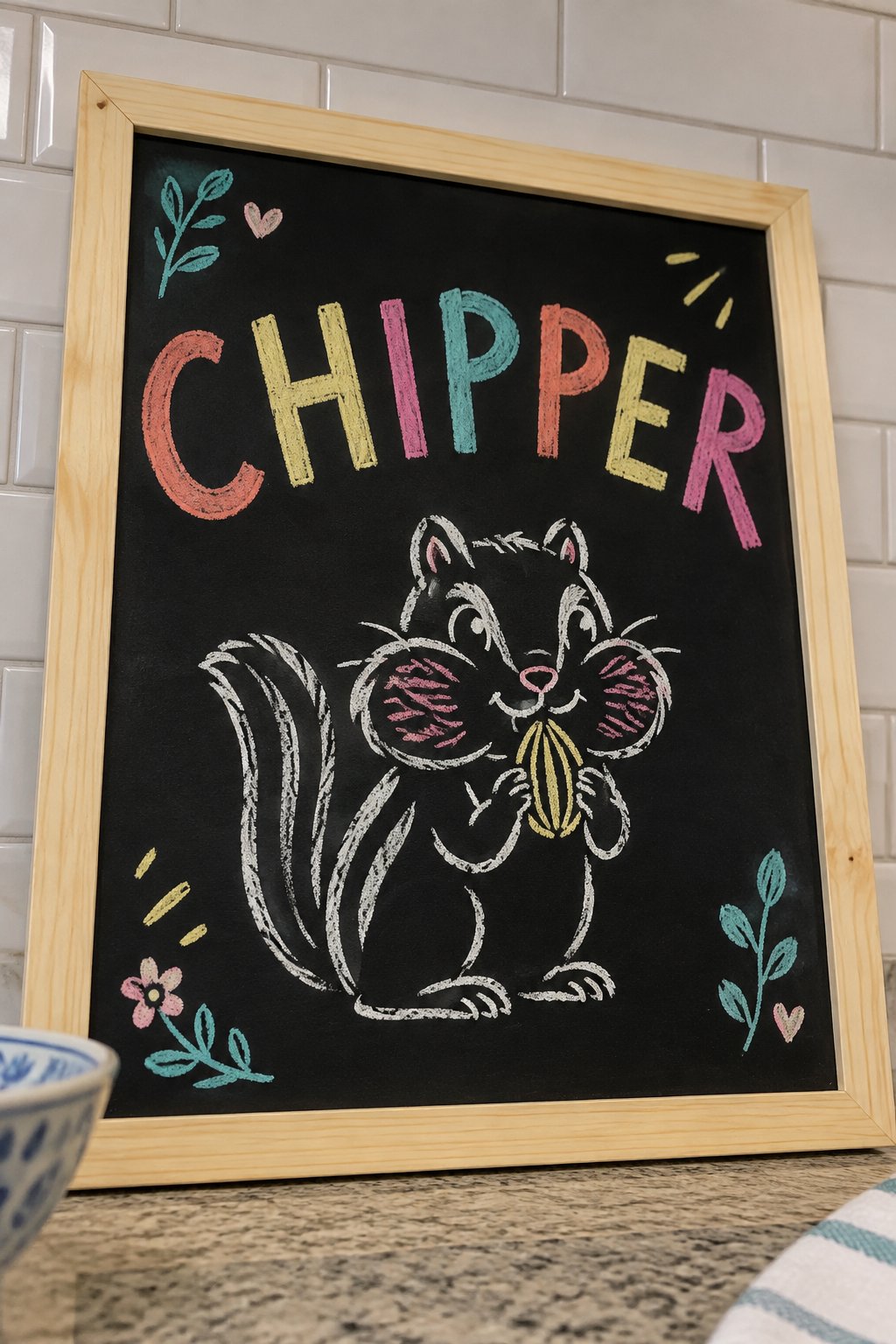 Chipper Chipmunk: a hand-drawn spring chalkboard sign reading "CHIPPER".