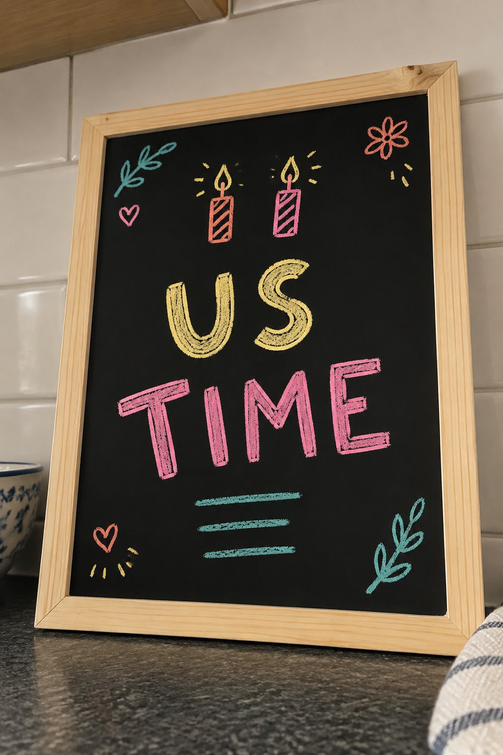 Date Night Plan: a hand-drawn spring chalkboard sign reading "US TIME".