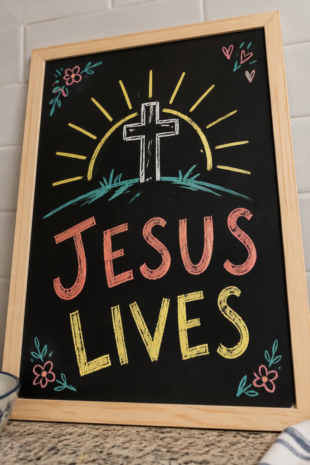 Jesus Lives: a hand-drawn spring chalkboard sign reading "JESUS LIVES".