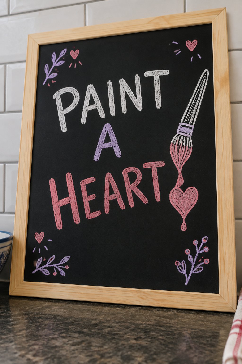 Paint a Heart: a hand-drawn valentines chalkboard sign reading "PAINT A HEART".