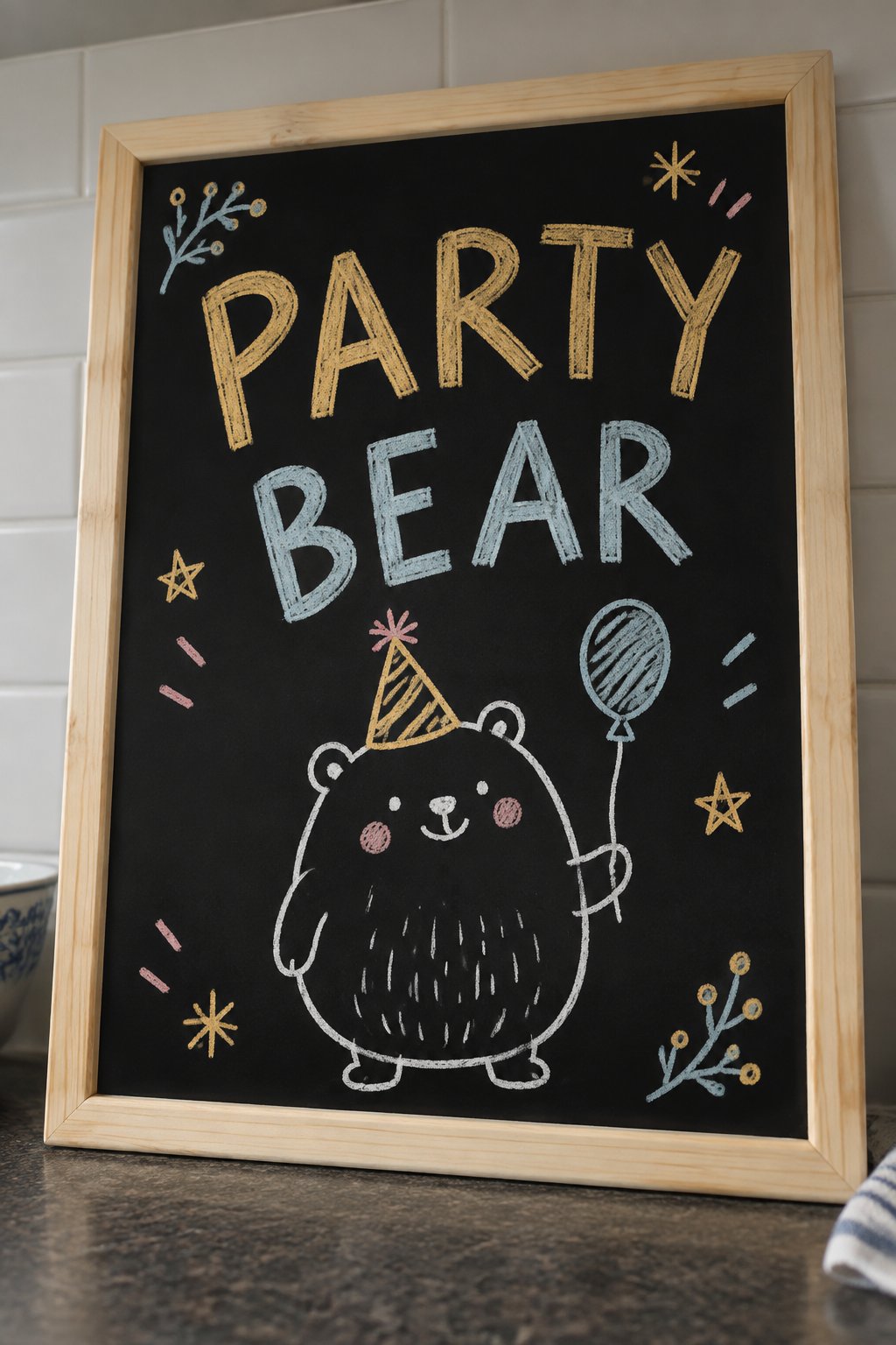 Party Bear: a hand-drawn newyear chalkboard sign reading "PARTY BEAR".