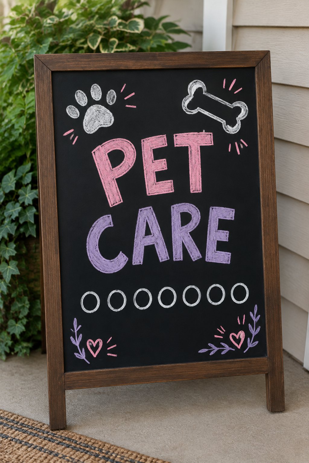Pet Care Chart: a hand-drawn valentines chalkboard sign reading "PET CARE".