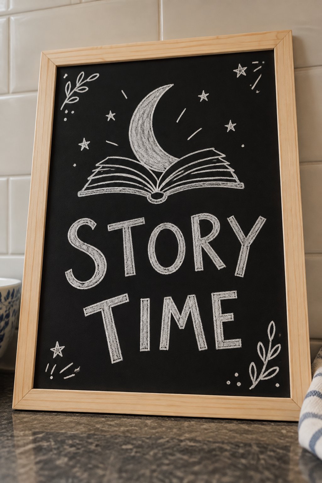 Story Time: a hand-drawn winter chalkboard sign reading "STORY TIME".