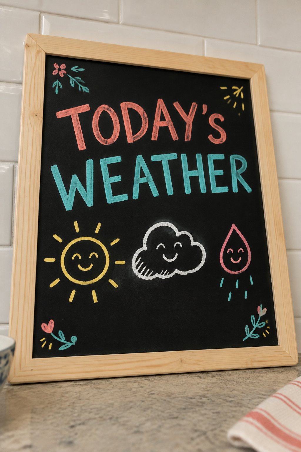 Weather Station: a hand-drawn spring chalkboard sign reading "TODAY'S WEATHER".