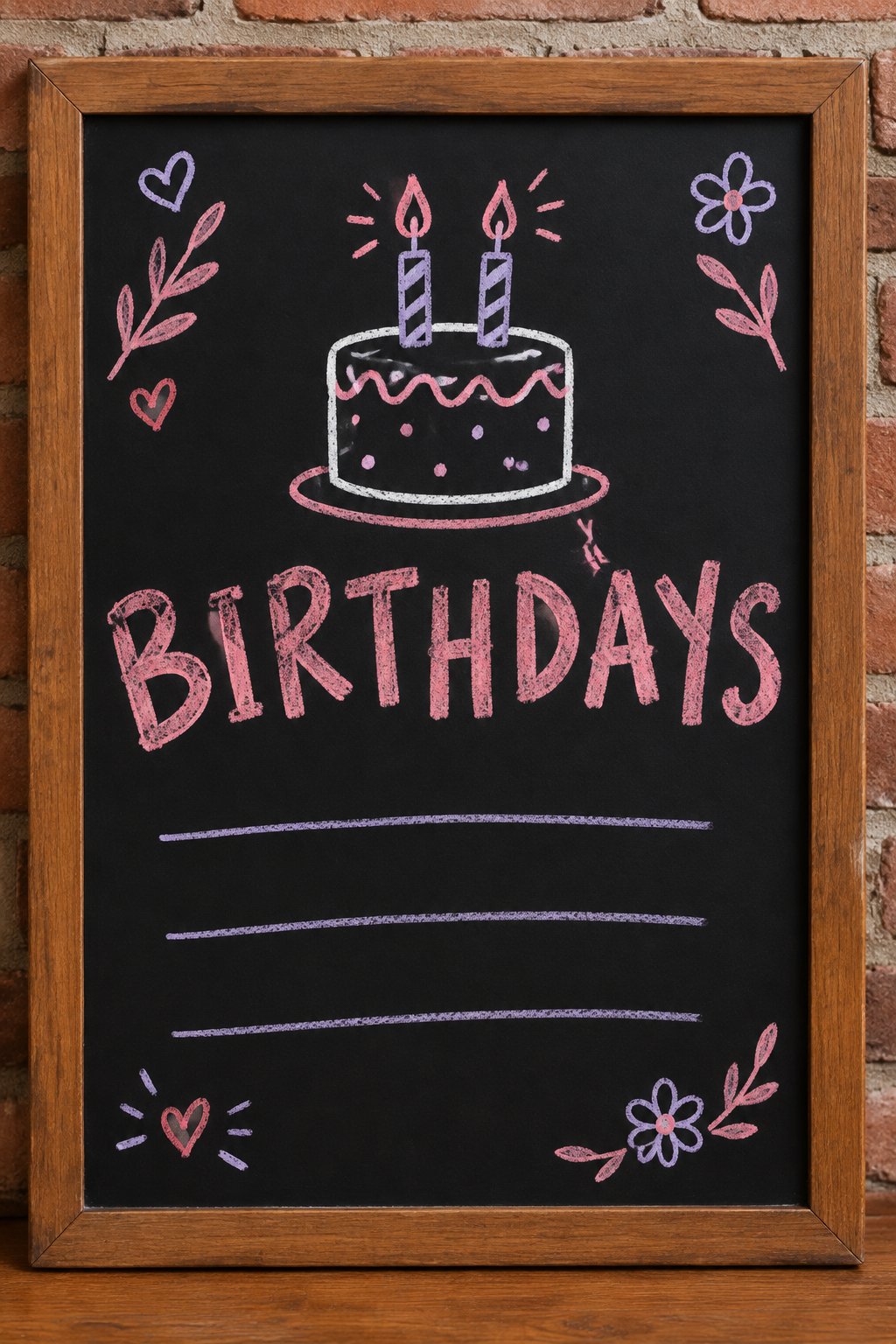 Birthday Cake List: a hand-drawn valentines chalkboard sign reading "BIRTHDAYS".