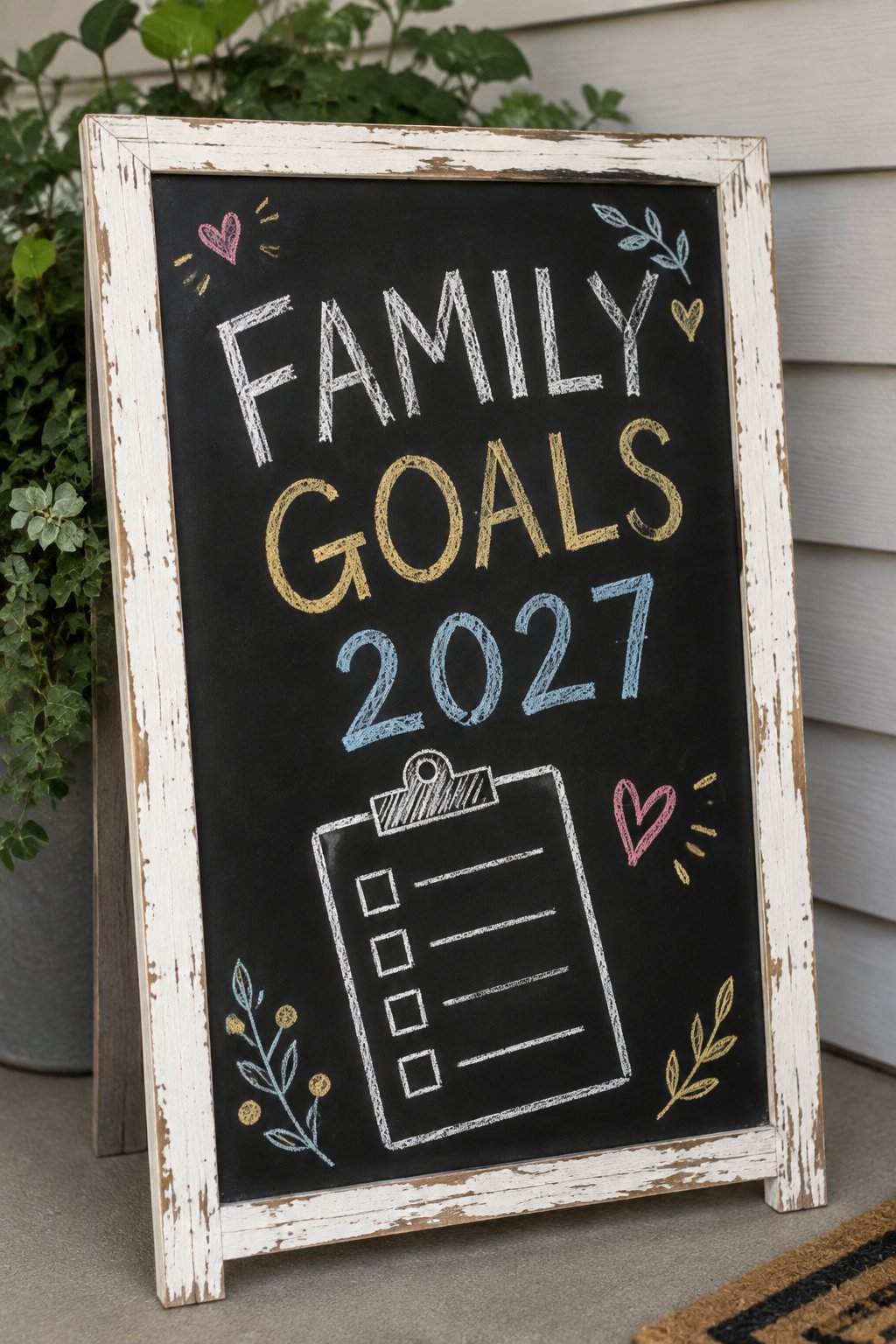 Family Goals: a hand-drawn newyear chalkboard sign reading "FAMILY GOALS 2027".