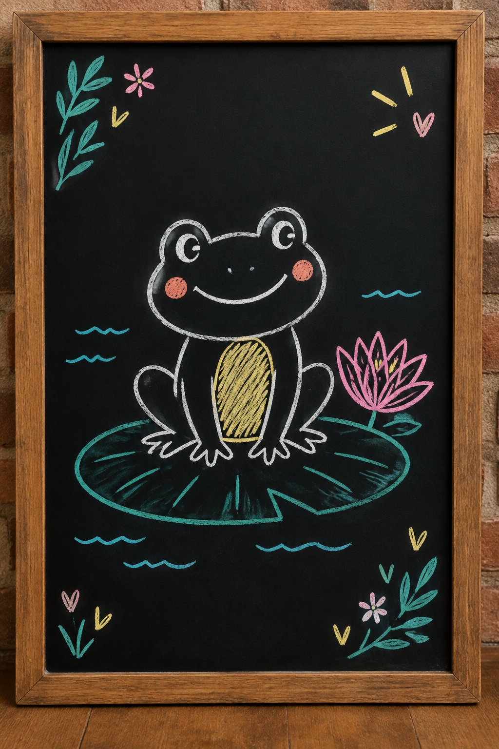 Frog on a Lily Pad: a hand-drawn spring chalkboard sign drawn without words, a smiling frog on a lily pad with a flower.