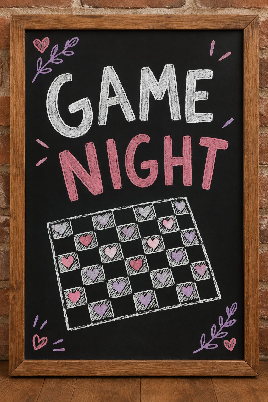 Game Night: a hand-drawn valentines chalkboard sign reading "GAME NIGHT".