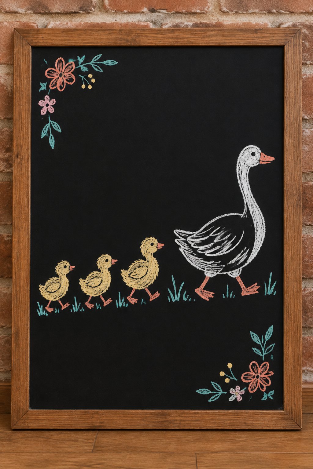 Goose and Goslings: a hand-drawn spring chalkboard sign drawn without words, a mother goose with three fluffy goslings walking in a line.