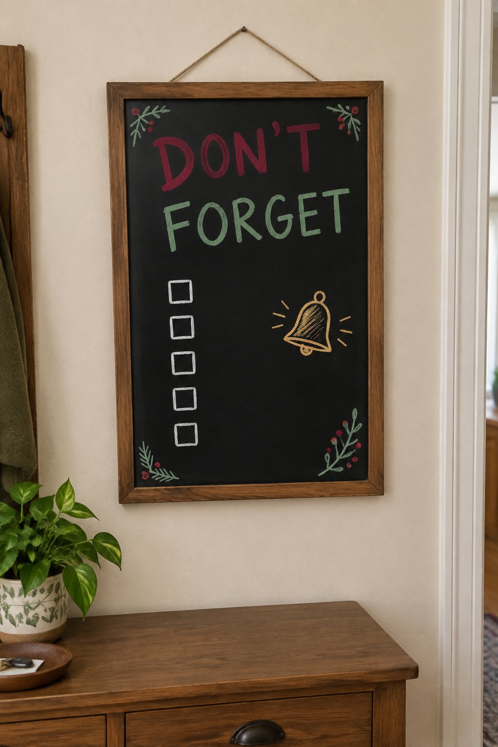 Last Minute To-Do: a hand-drawn christmas chalkboard sign reading "DON'T FORGET".