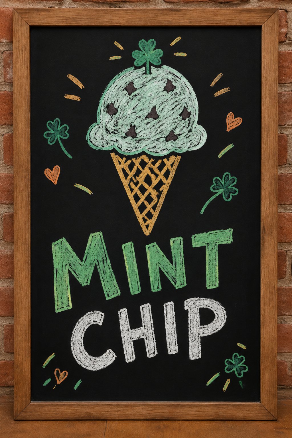 Mint Chip Cone: a hand-drawn stpatricks chalkboard sign reading "MINT CHIP".