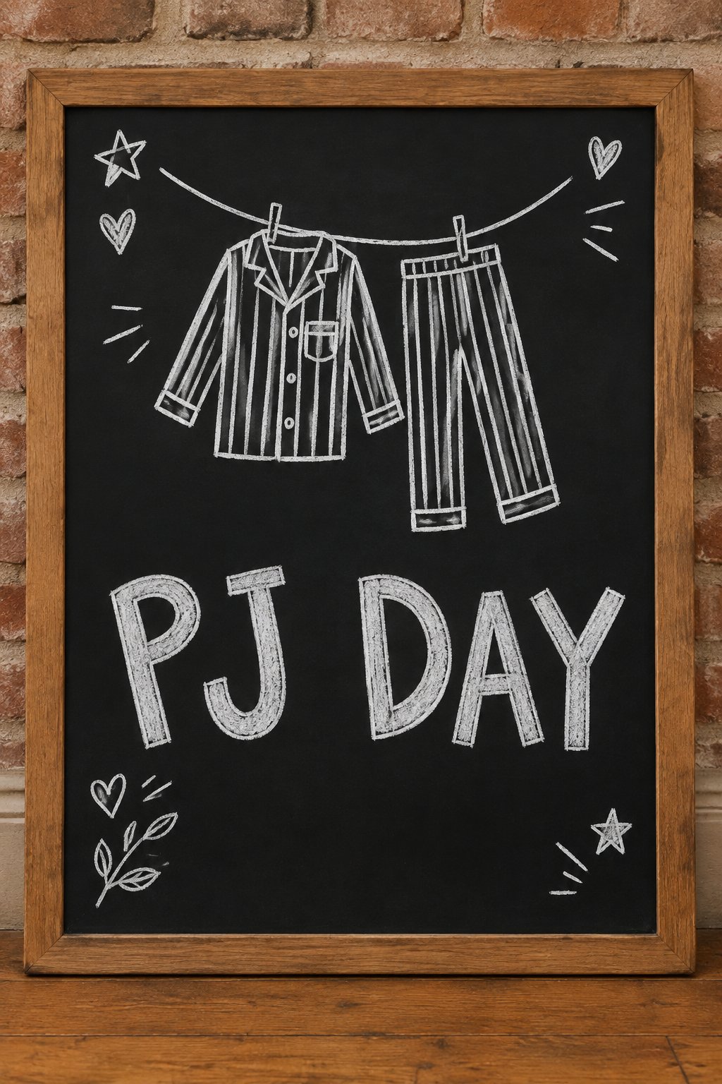 Pajama Day: a hand-drawn winter chalkboard sign reading "PJ DAY".
