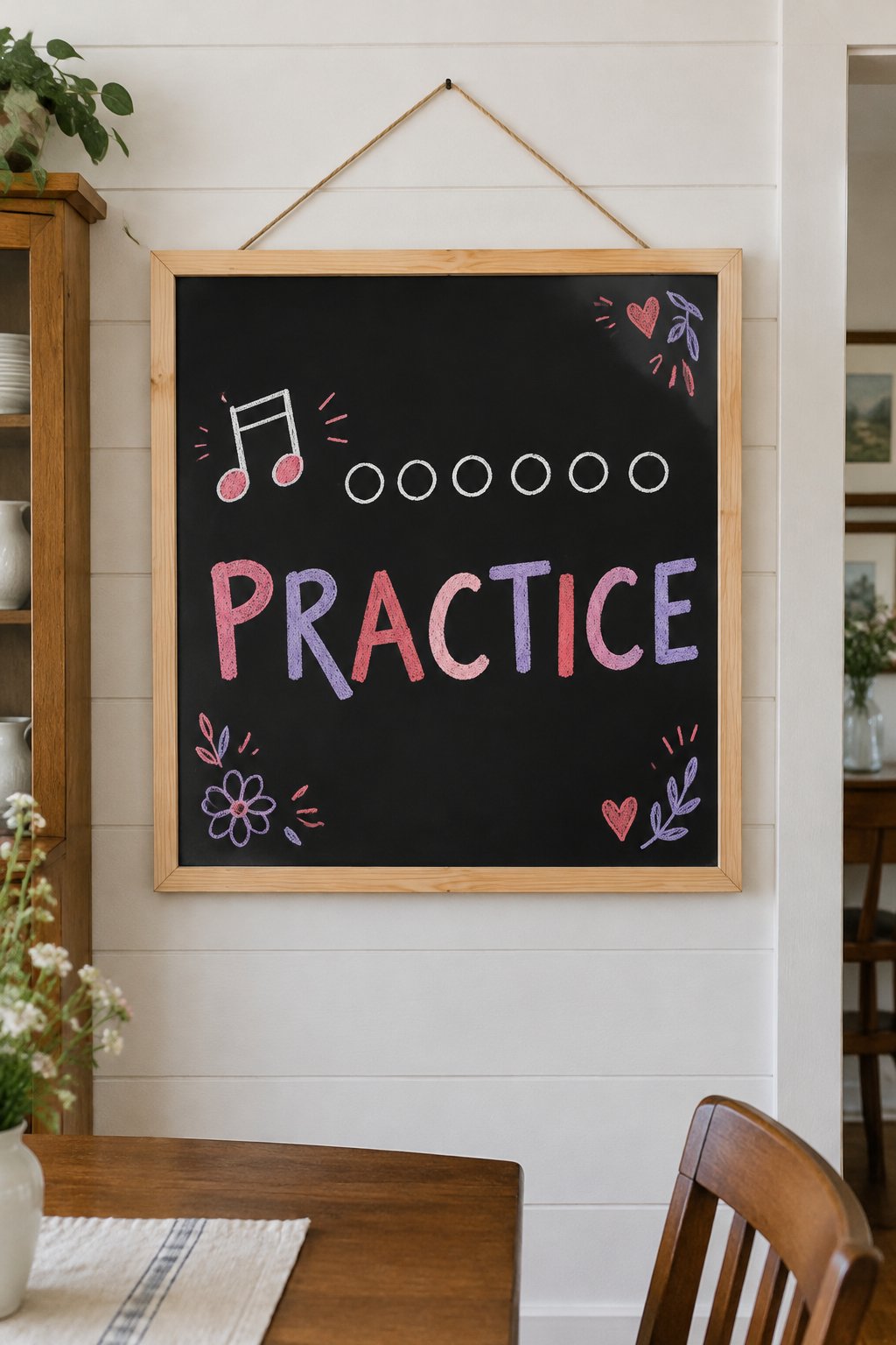 Practice Log: a hand-drawn valentines chalkboard sign reading "PRACTICE".