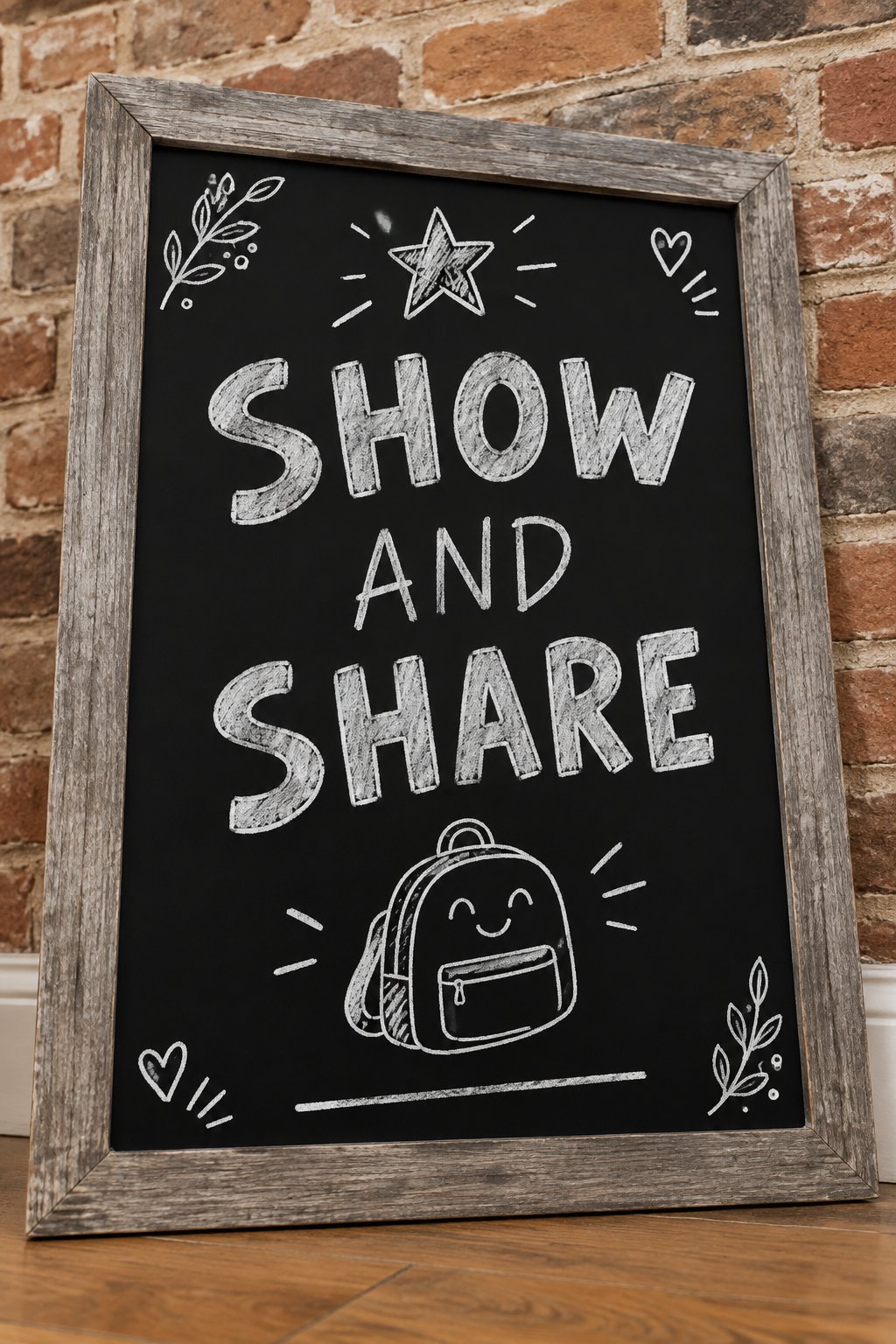 Show and Share: a hand-drawn winter chalkboard sign reading "SHOW AND SHARE".