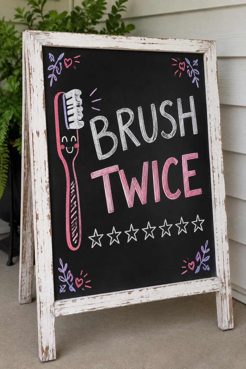 Brush Twice: a hand-drawn valentines chalkboard sign reading "BRUSH TWICE".