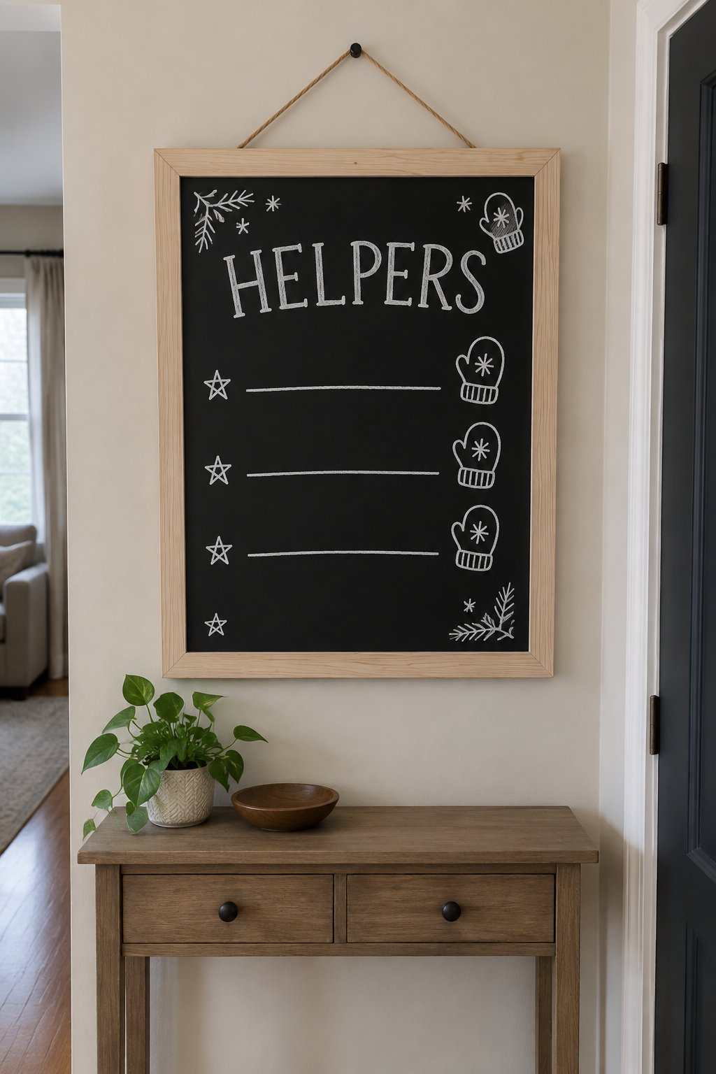 Chore Stars: a hand-drawn winter chalkboard sign reading "HELPERS".