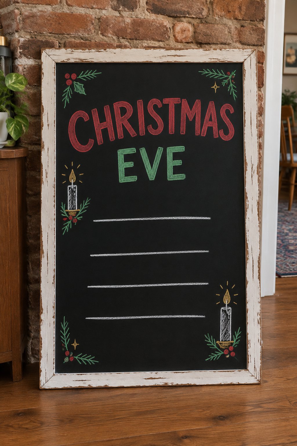Christmas Eve Menu: a hand-drawn christmas chalkboard sign reading "CHRISTMAS EVE".
