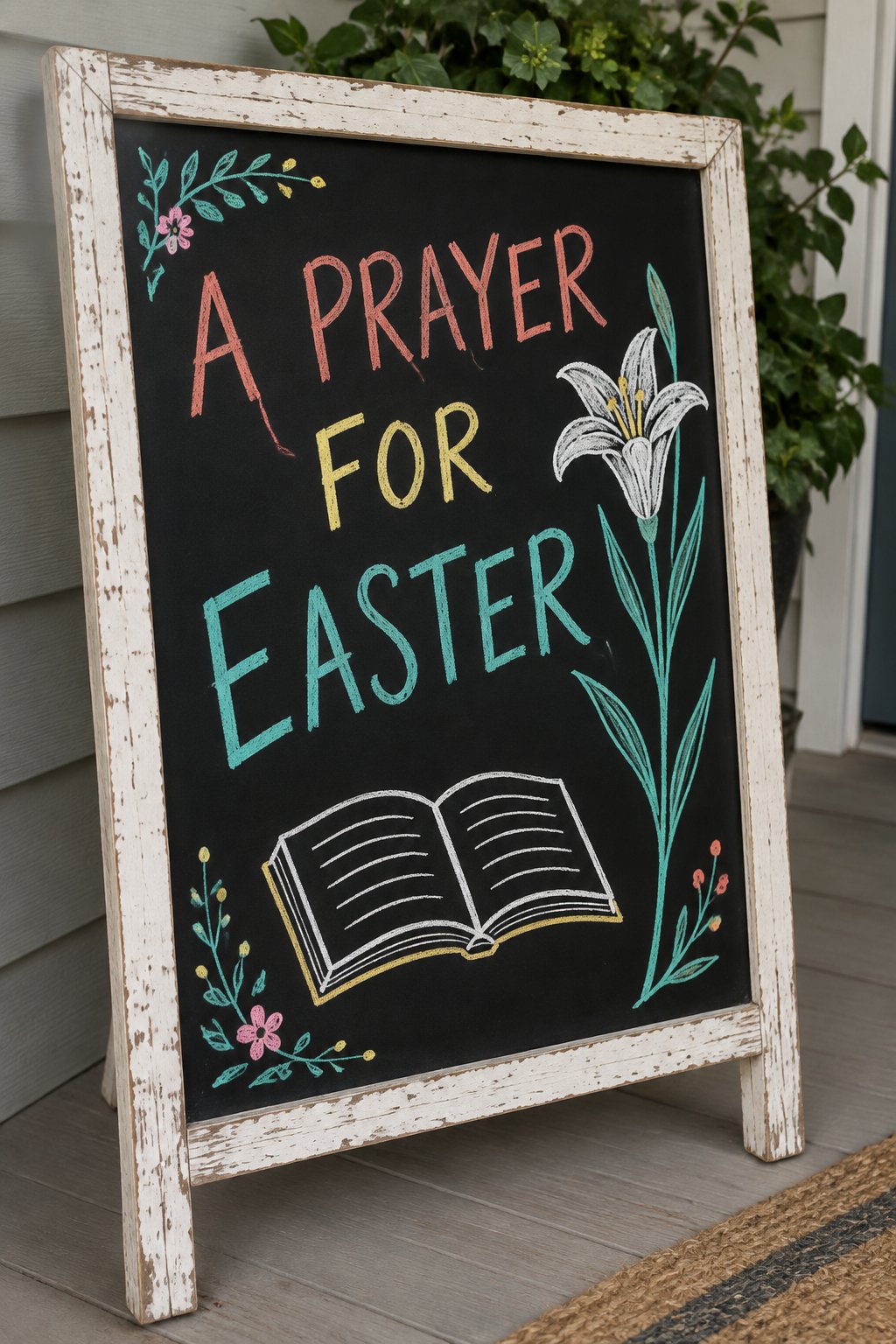 Easter Prayer: a hand-drawn spring chalkboard sign reading "A PRAYER FOR EASTER".