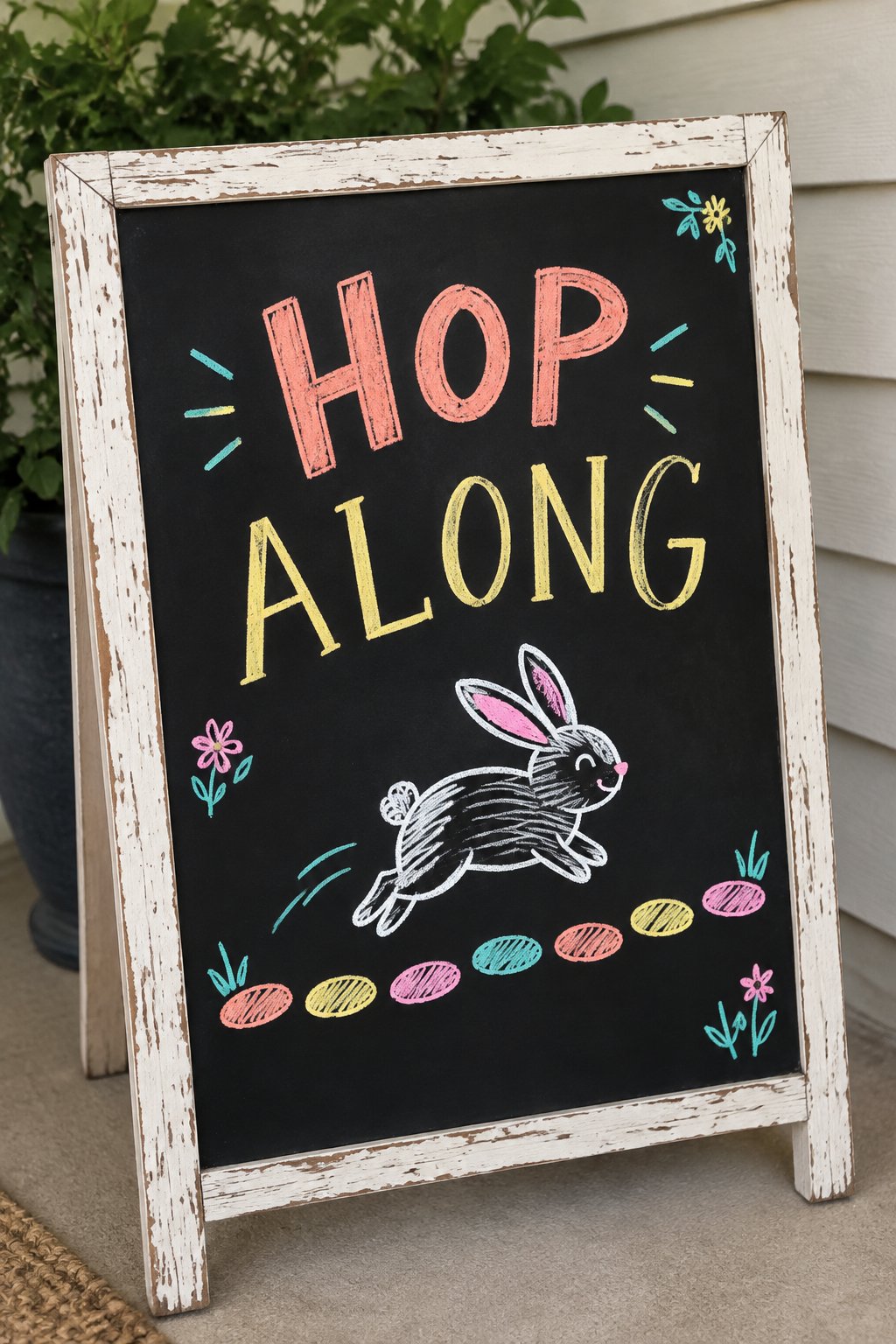 Hop Along Chart: a hand-drawn spring chalkboard sign reading "HOP ALONG".