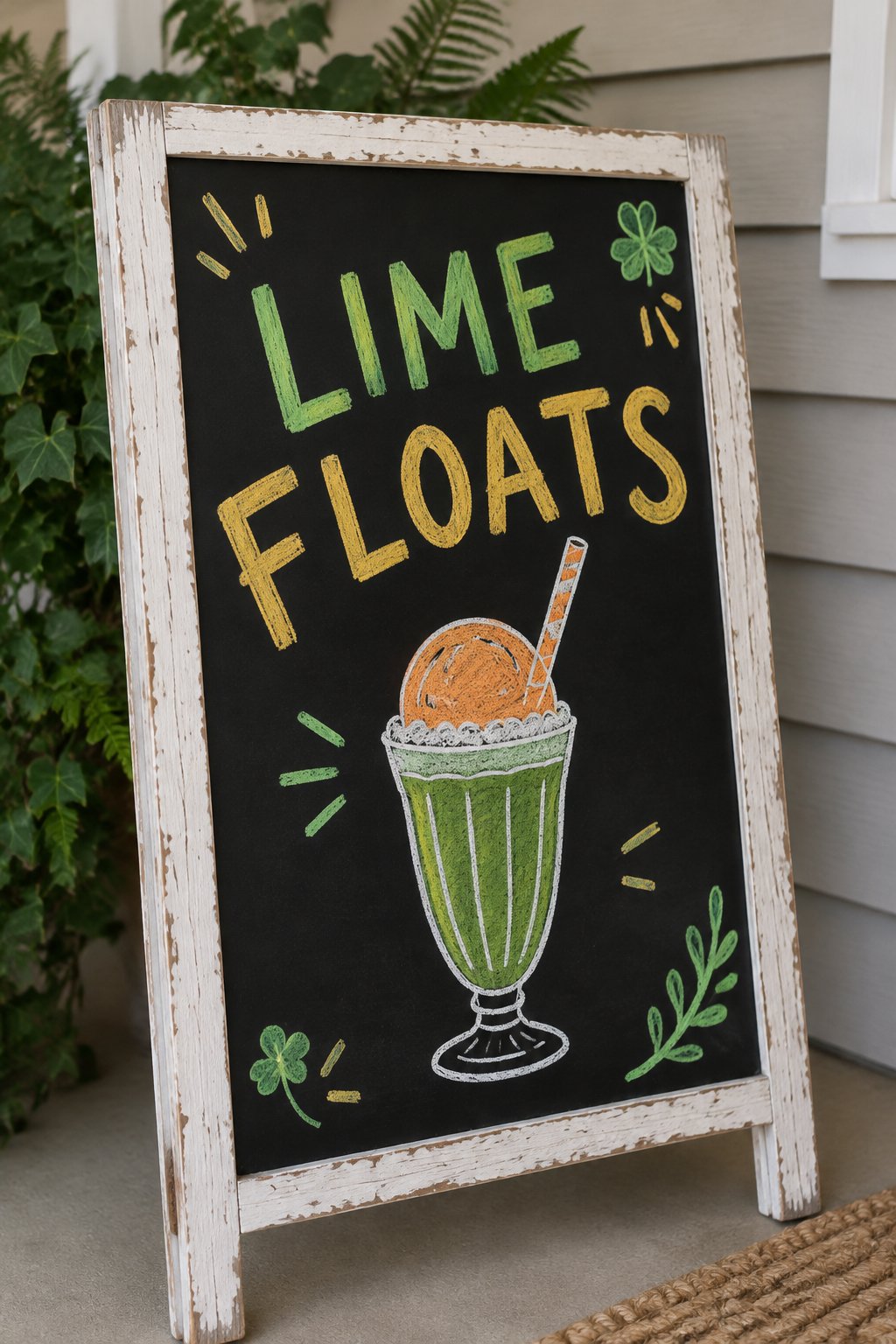 Lime Sherbet Float: a hand-drawn stpatricks chalkboard sign reading "LIME FLOATS".