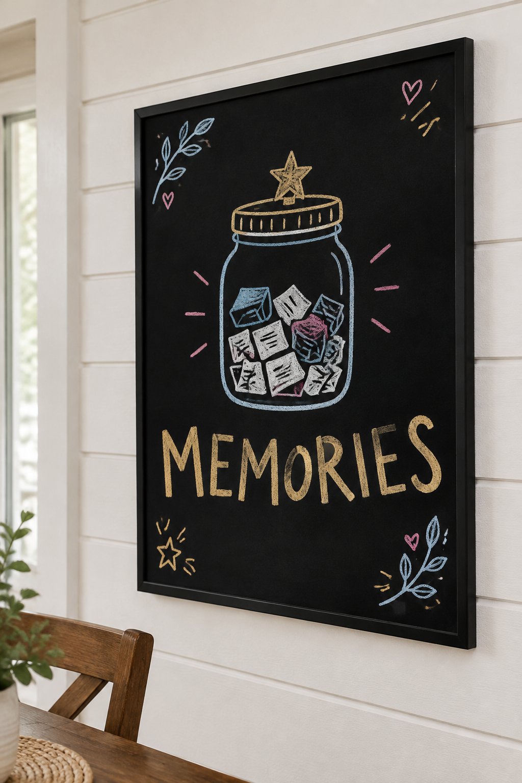 Memory Jar: a hand-drawn newyear chalkboard sign reading "MEMORIES".