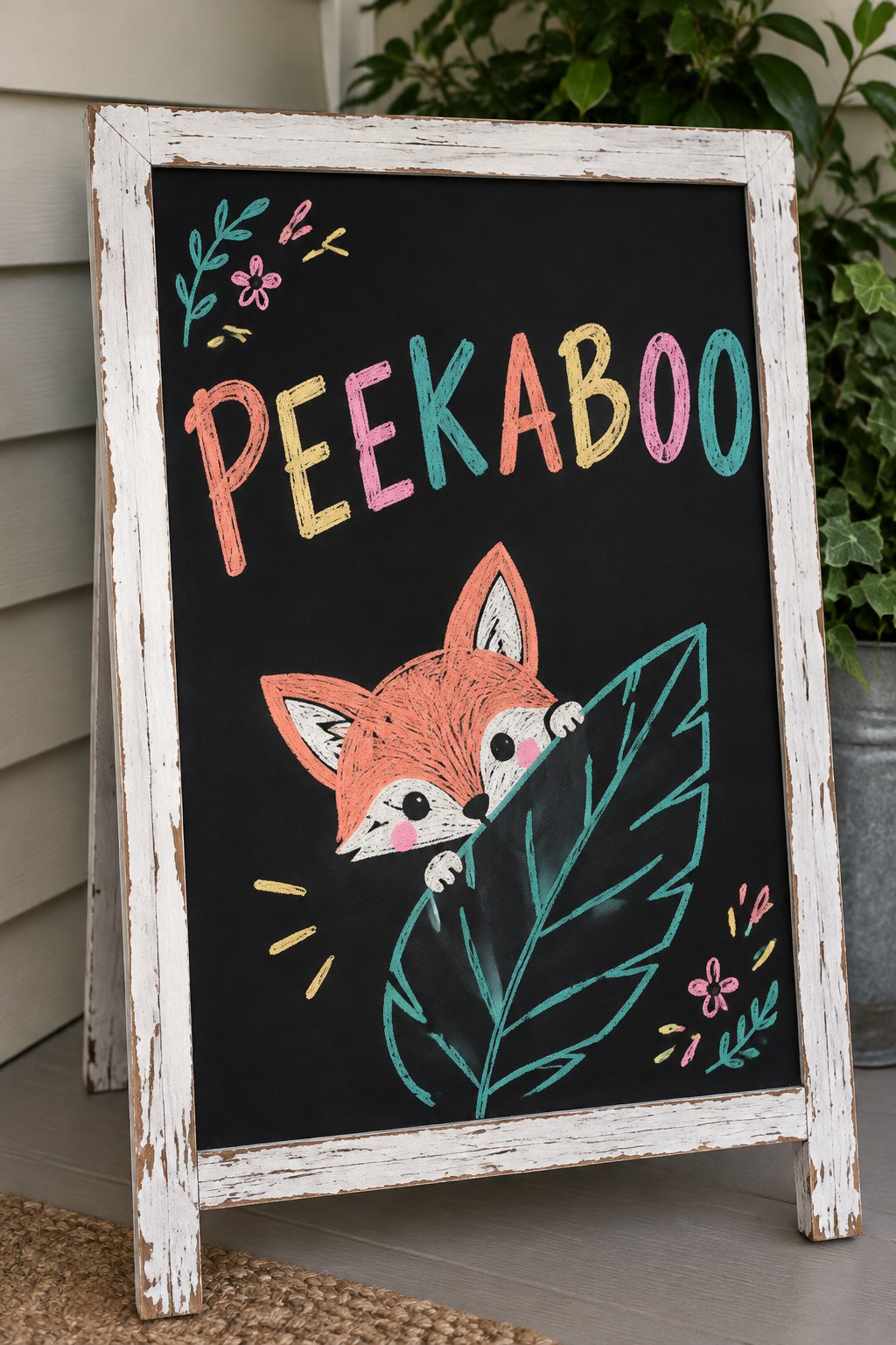 Peekaboo Fox: a hand-drawn spring chalkboard sign reading "PEEKABOO".