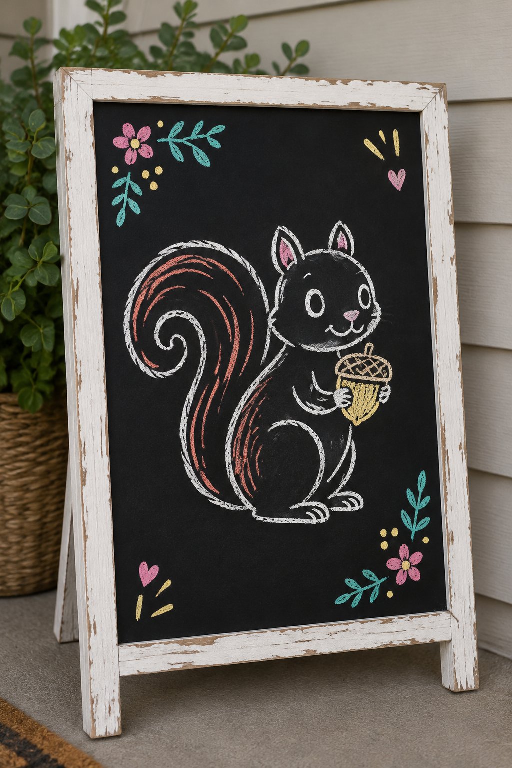 Squirrel with an Acorn: a hand-drawn spring chalkboard sign drawn without words, a squirrel holding an acorn with a curly tail.