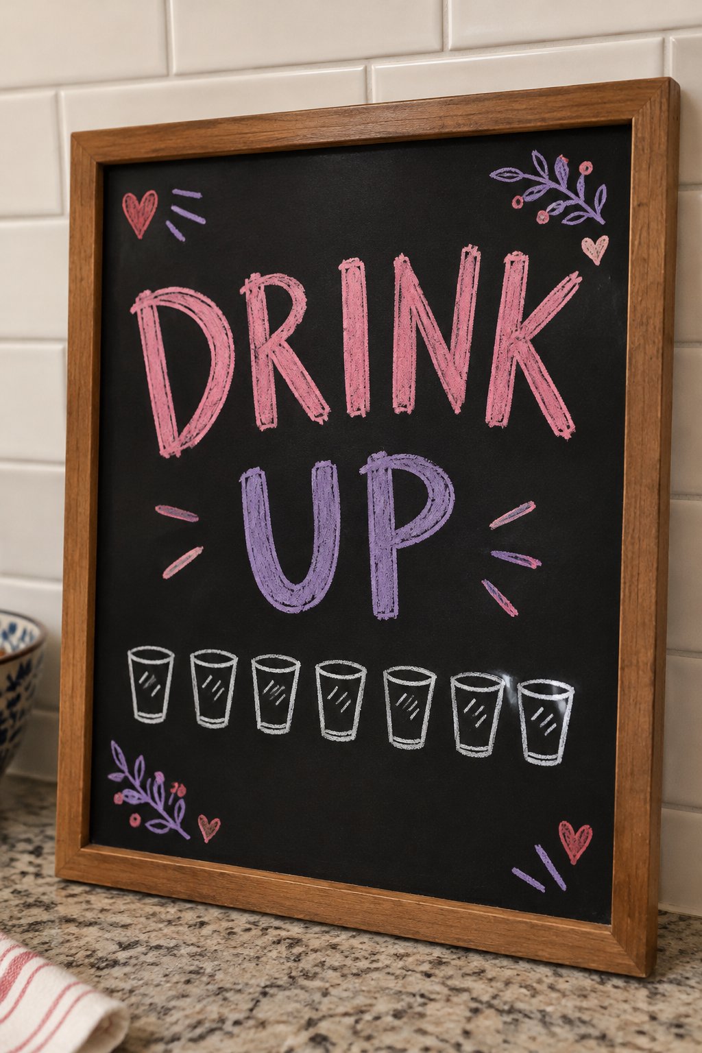 Water Tracker: a hand-drawn valentines chalkboard sign reading "DRINK UP".