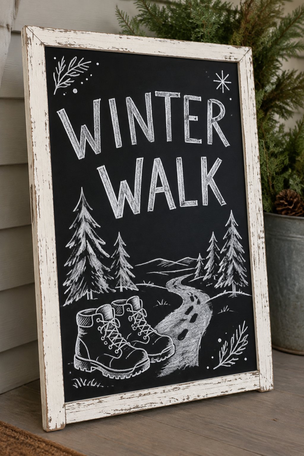 Winter Walk: a hand-drawn winter chalkboard sign reading "WINTER WALK".