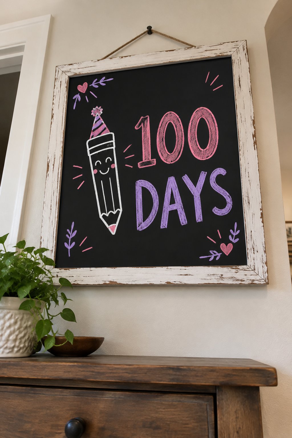 100 Days Smarter: a hand-drawn valentines chalkboard sign reading "100 DAYS".