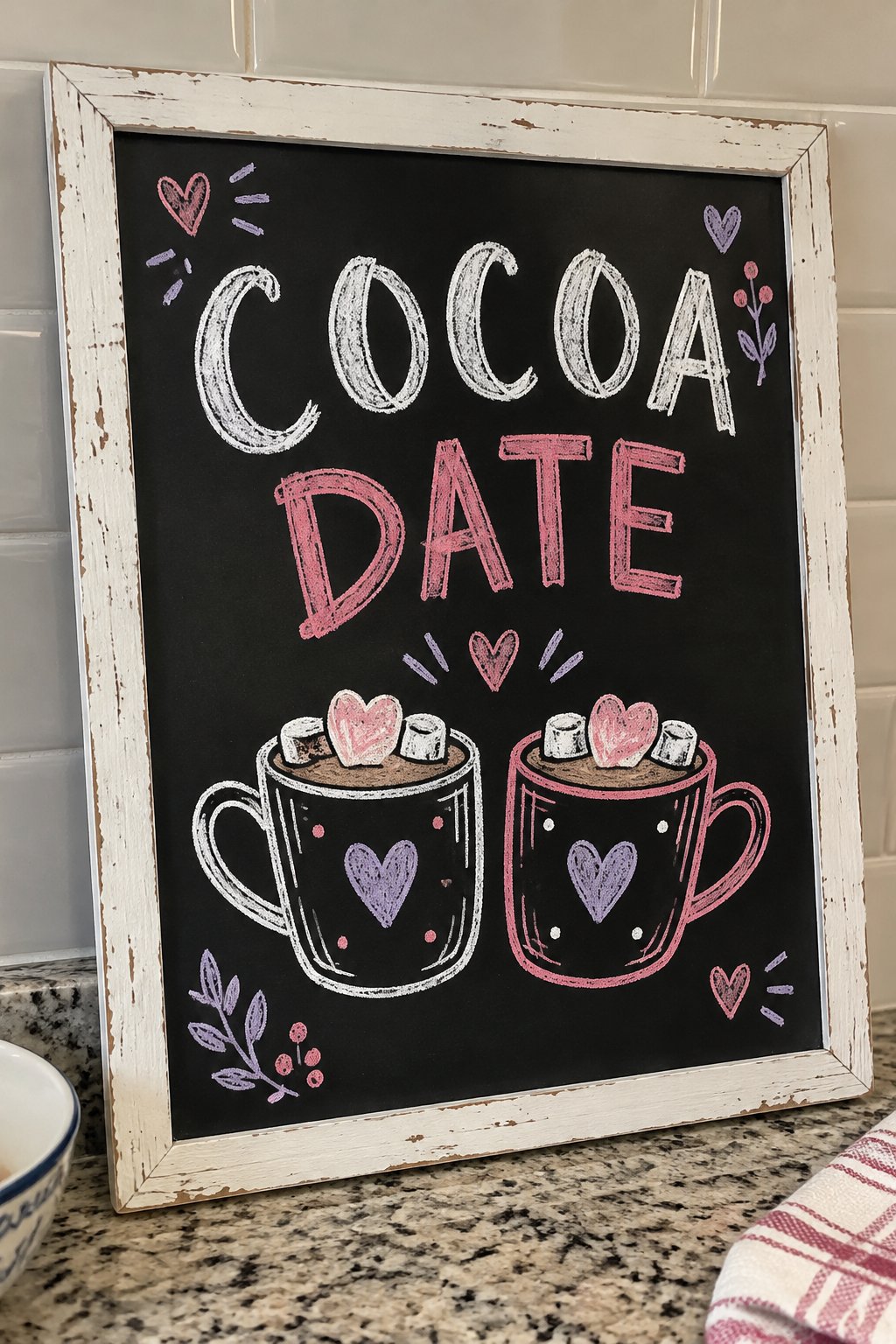 Cocoa Date: a hand-drawn valentines chalkboard sign reading "COCOA DATE".