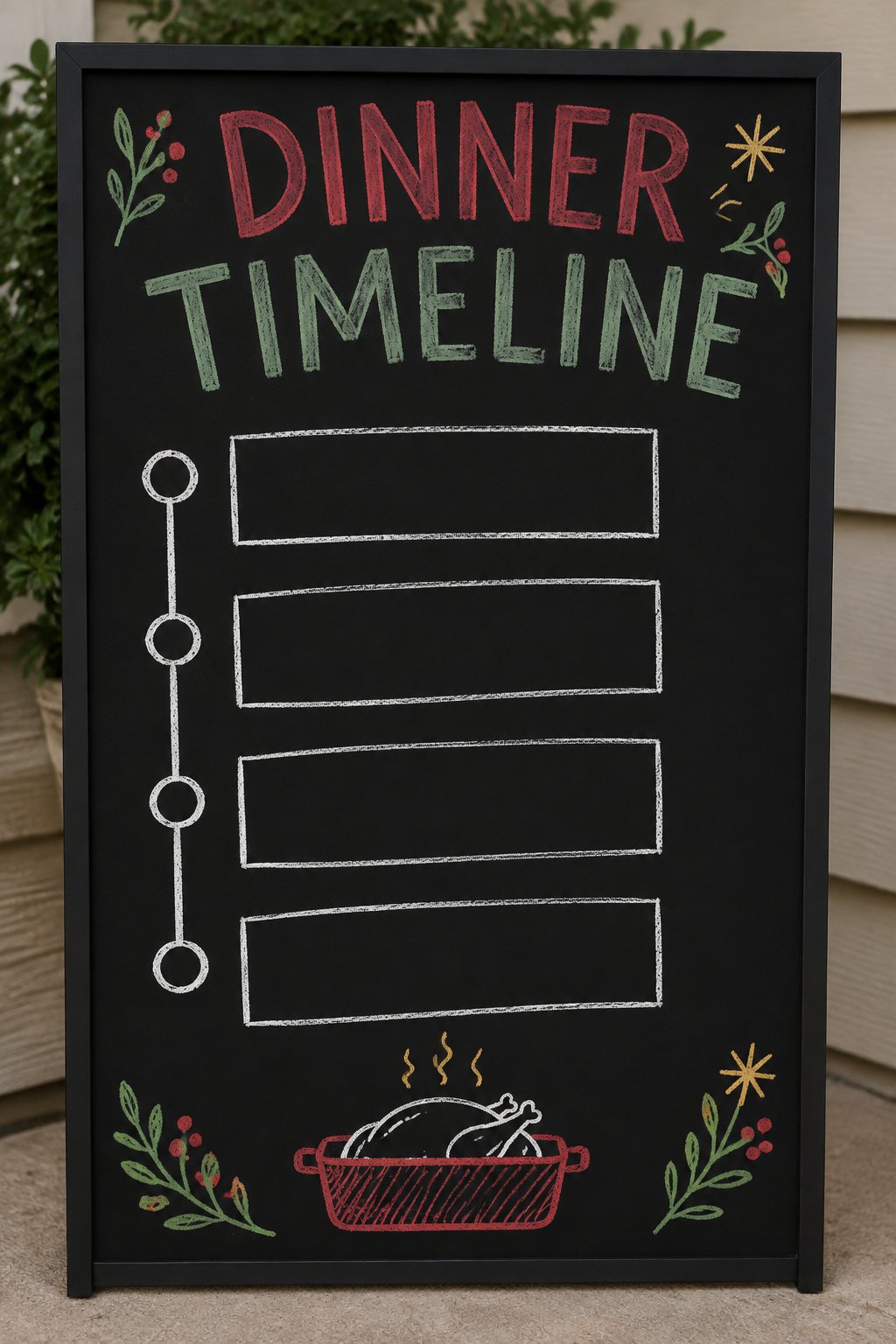 Dinner Timeline: a hand-drawn christmas chalkboard sign reading "DINNER TIMELINE".