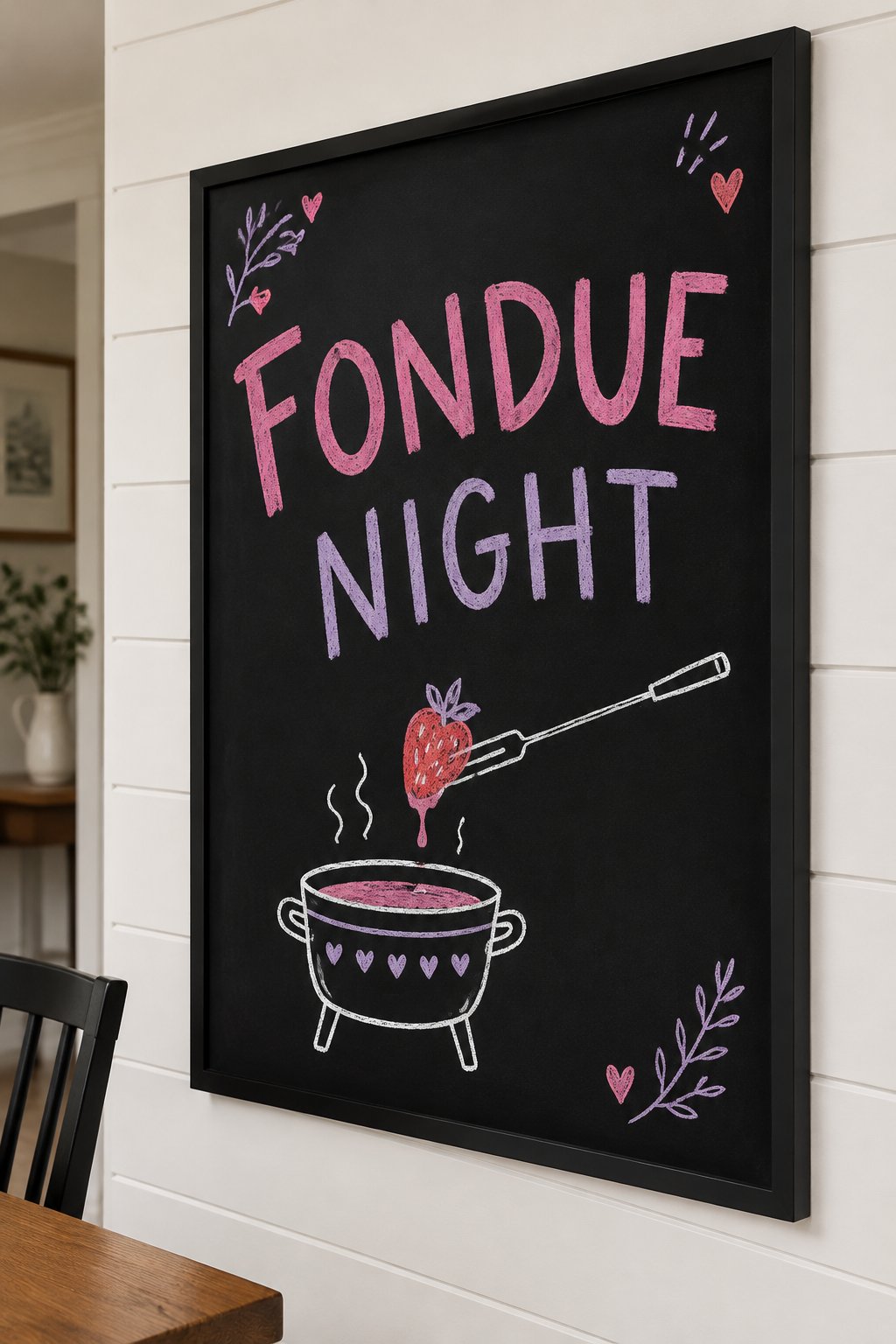 Fondue Night: a hand-drawn valentines chalkboard sign reading "FONDUE NIGHT".
