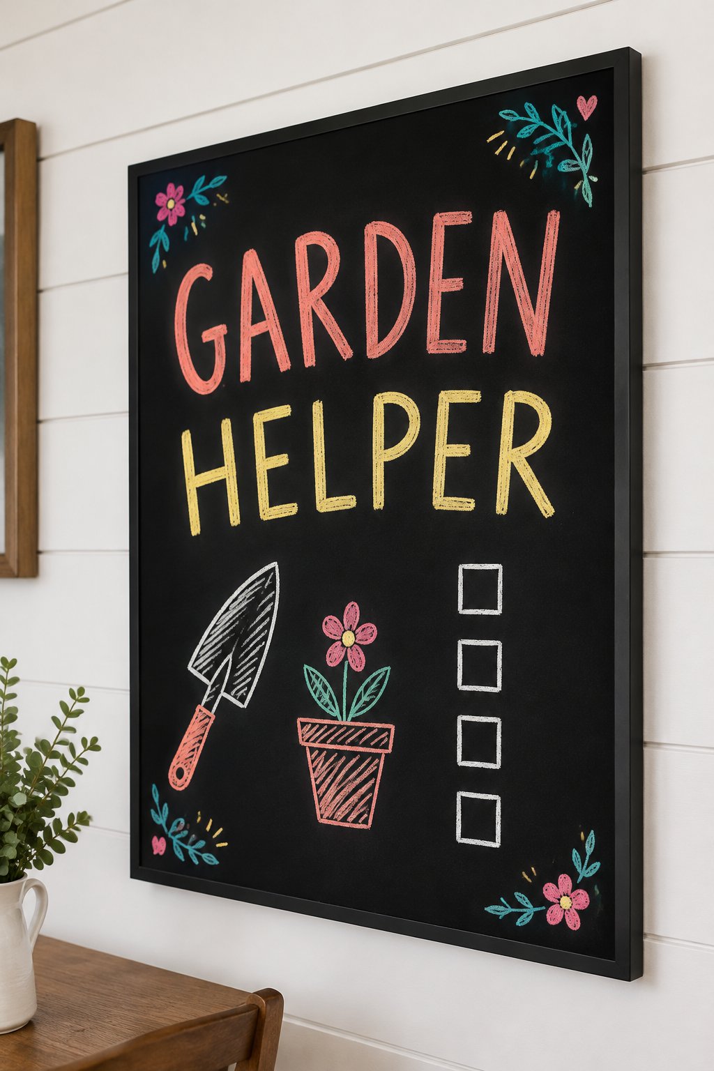 Garden Helper: a hand-drawn spring chalkboard sign reading "GARDEN HELPER".