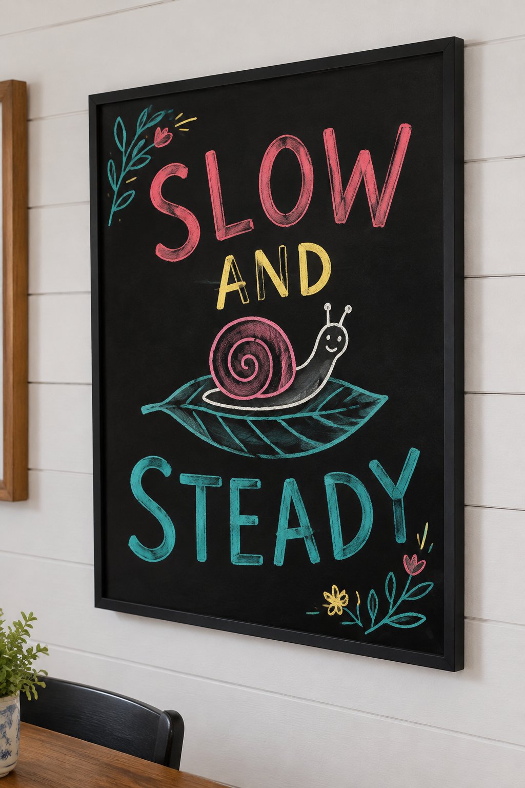 Garden Snail: a hand-drawn spring chalkboard sign reading "SLOW AND STEADY".