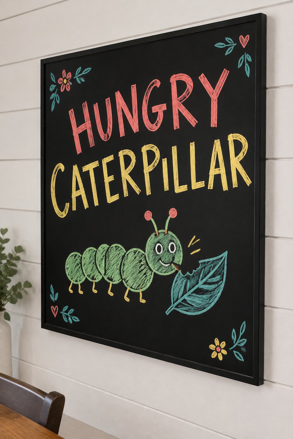 Hungry Caterpillar: a hand-drawn spring chalkboard sign reading "HUNGRY CATERPILLAR".