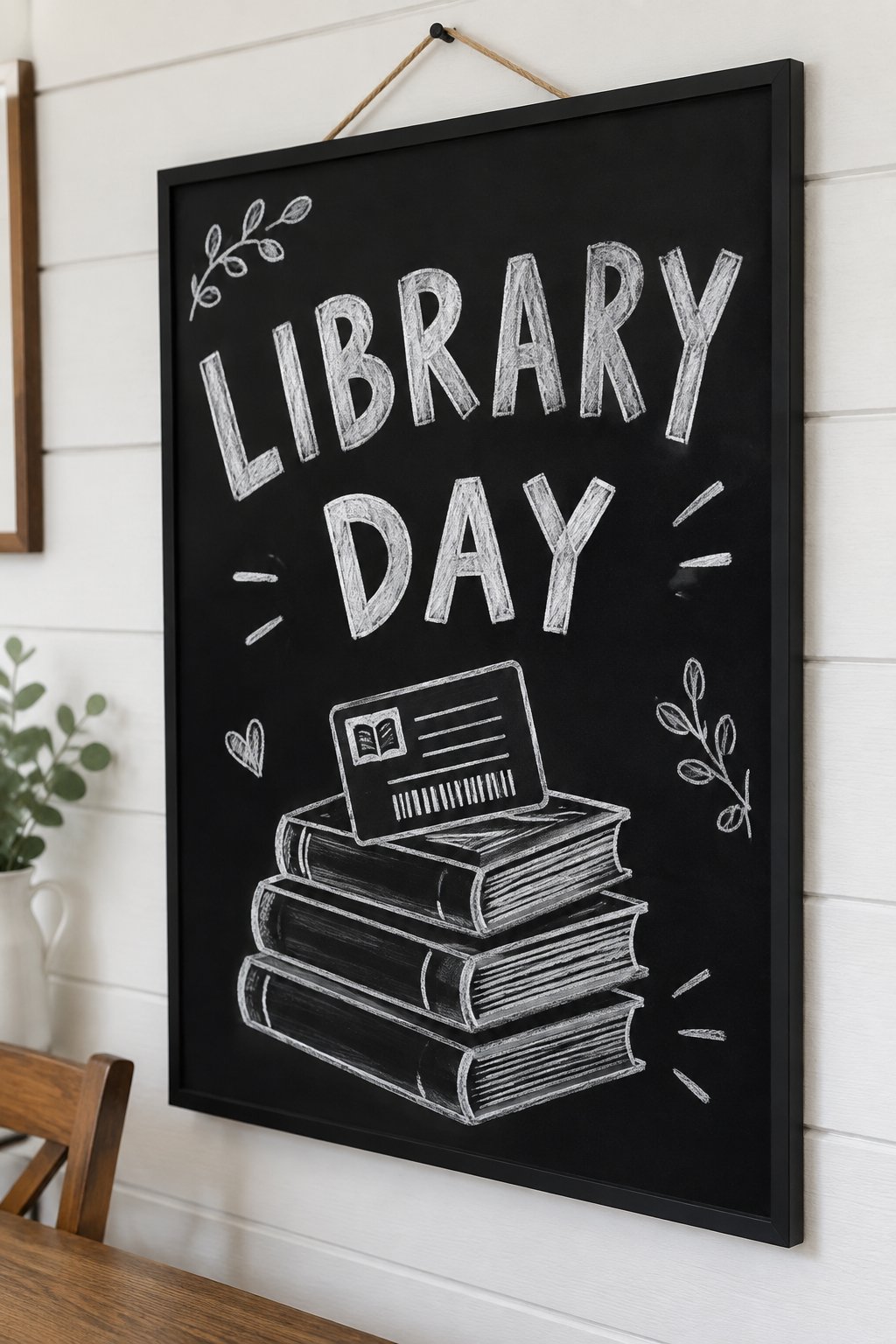 Library Day: a hand-drawn winter chalkboard sign reading "LIBRARY DAY".