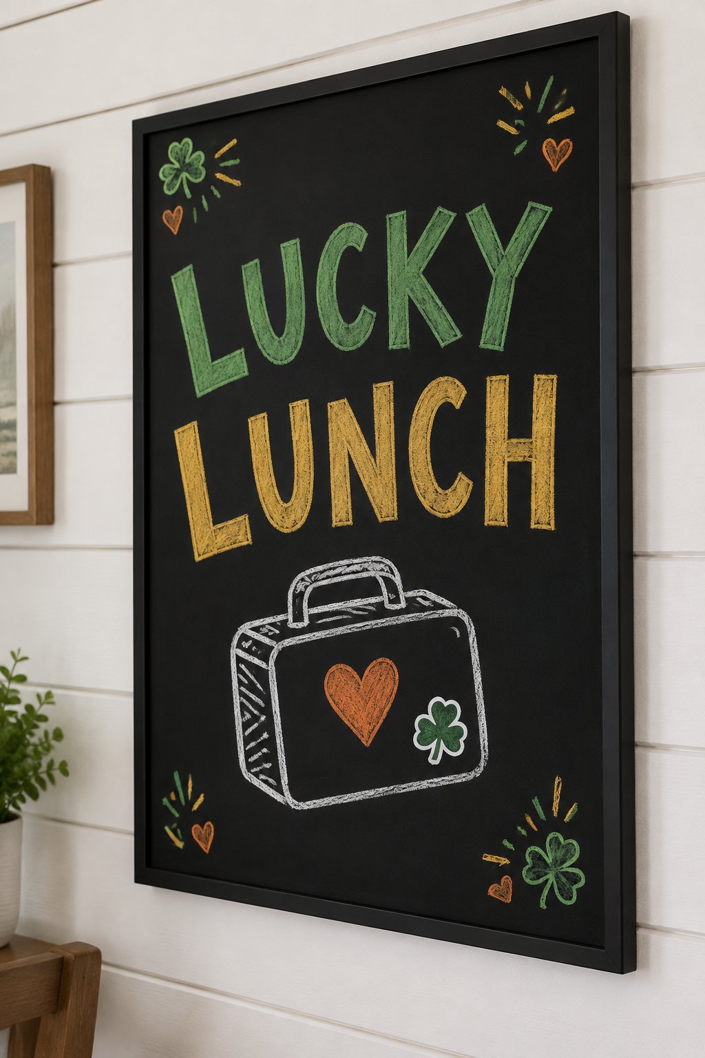 Lucky Lunchbox Note: a hand-drawn stpatricks chalkboard sign reading "LUCKY LUNCH".