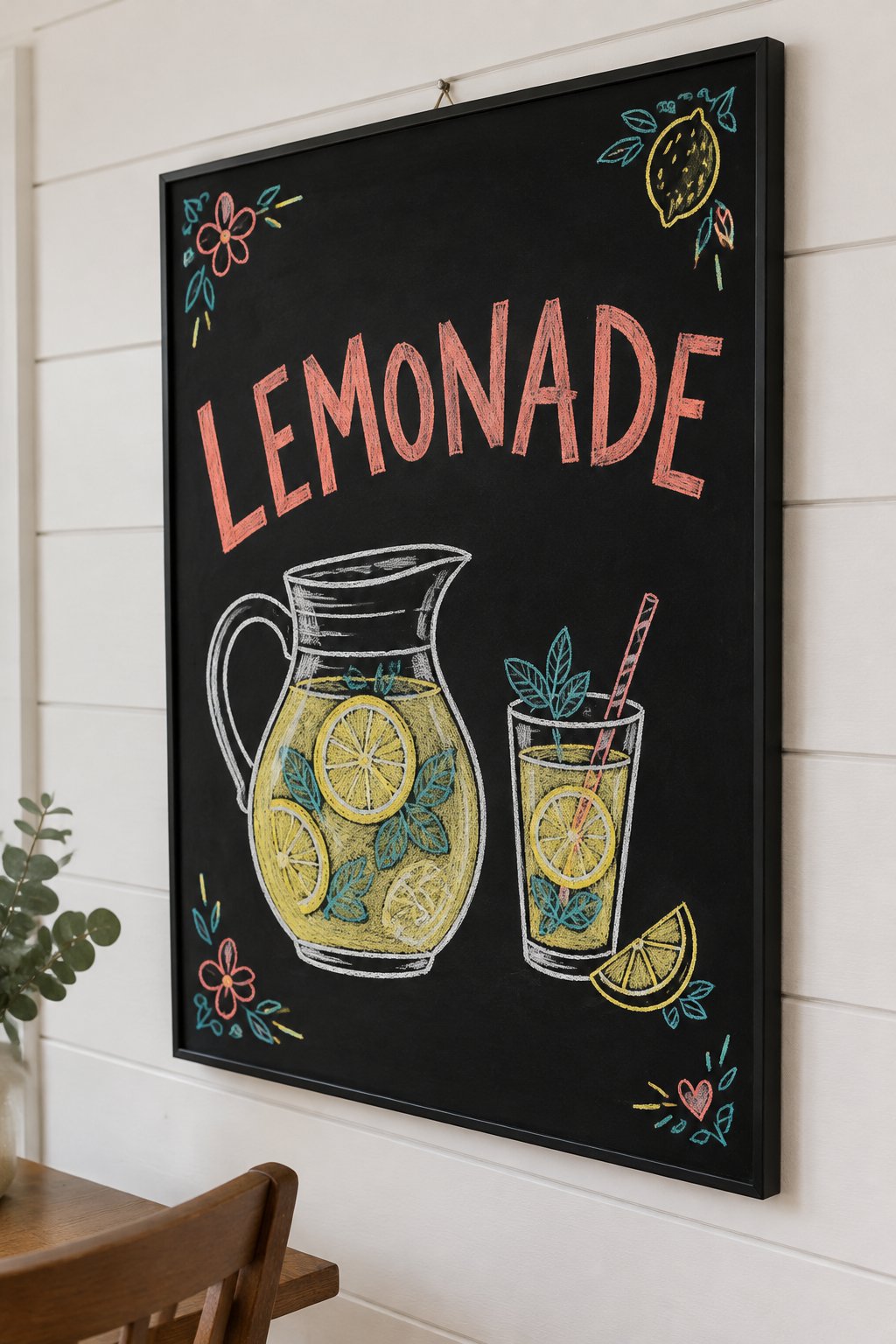 Spring Lemonade: a hand-drawn spring chalkboard sign reading "LEMONADE".