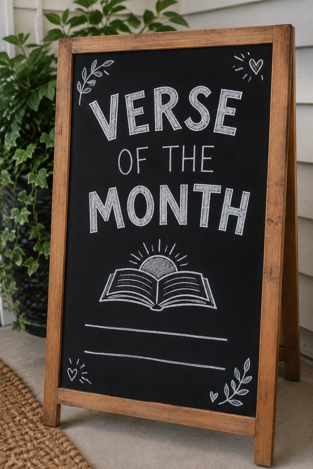 Verse of the Month: a hand-drawn winter chalkboard sign reading "VERSE OF THE MONTH".