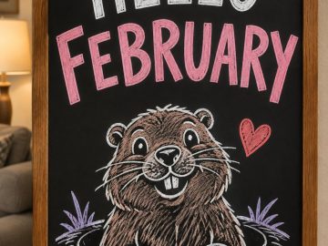 A hand-drawn valentines chalkboard sign reading "HELLO FEBRUARY".