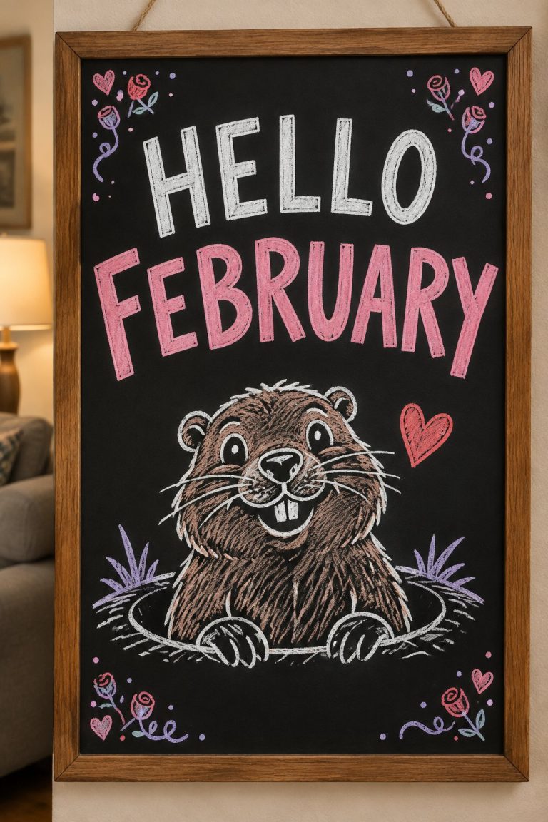 A hand-drawn valentines chalkboard sign reading "HELLO FEBRUARY".