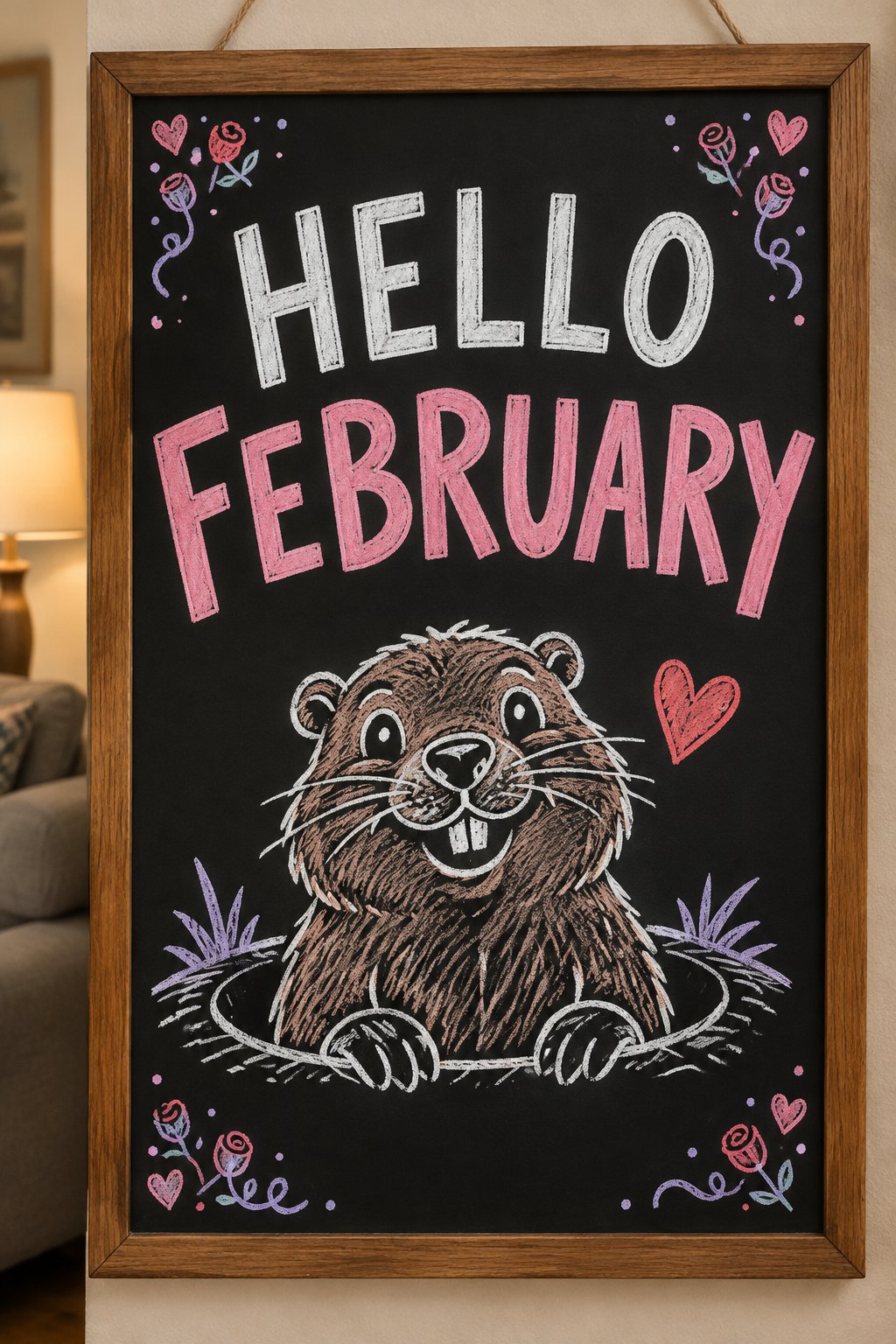 A hand-drawn valentines chalkboard sign reading "HELLO FEBRUARY".