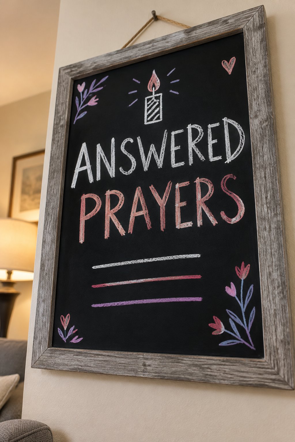 Answered Prayers: a hand-drawn valentines chalkboard sign reading "ANSWERED PRAYERS".