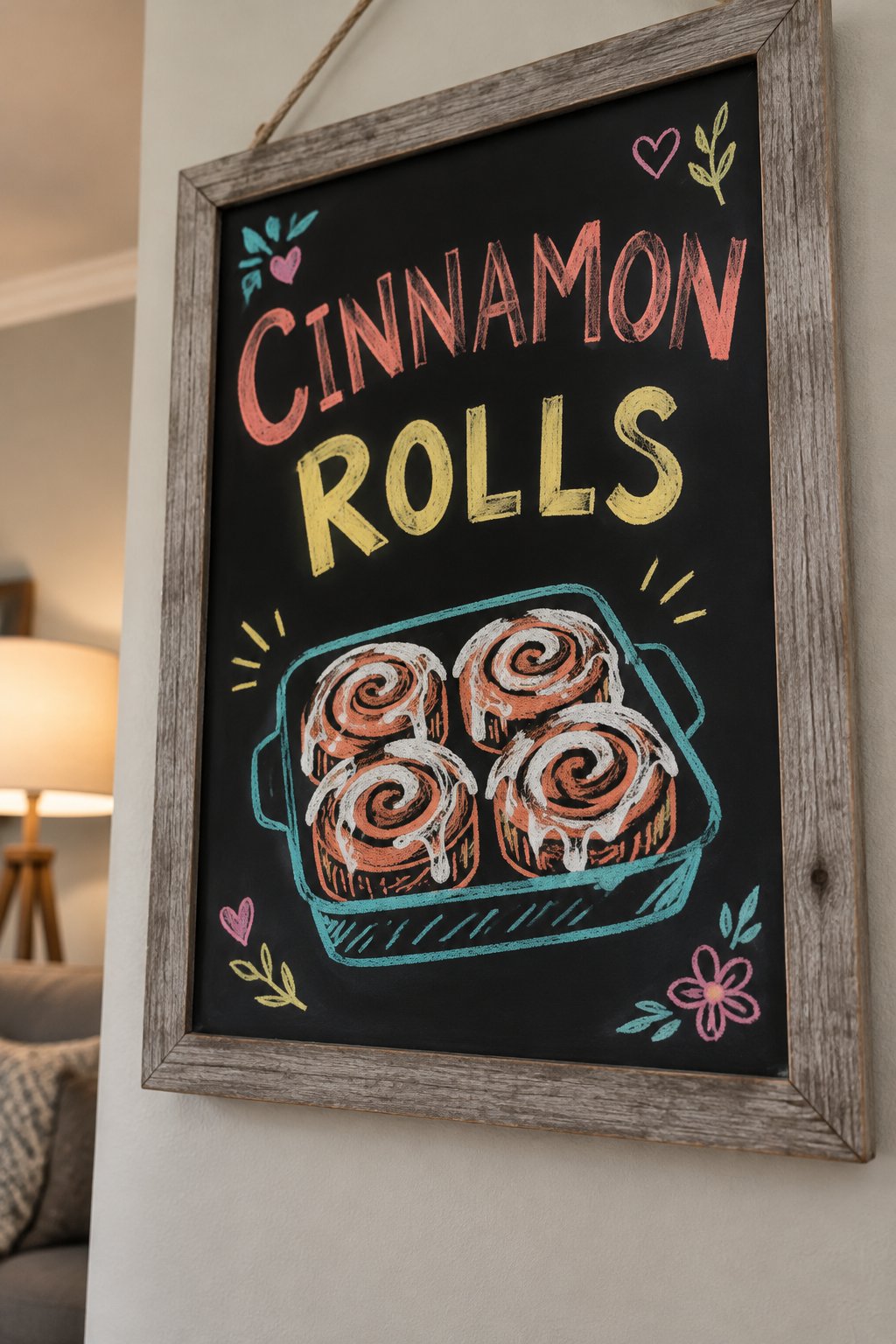 Cinnamon Rolls: a hand-drawn spring chalkboard sign reading "CINNAMON ROLLS".